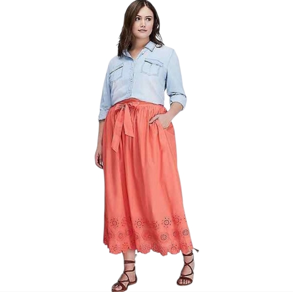 Lane Bryant Coral Cotton Maxi Skirt with Eyelet Hem‎ Plus Size 18 20 2X New - Picture 1 of 8